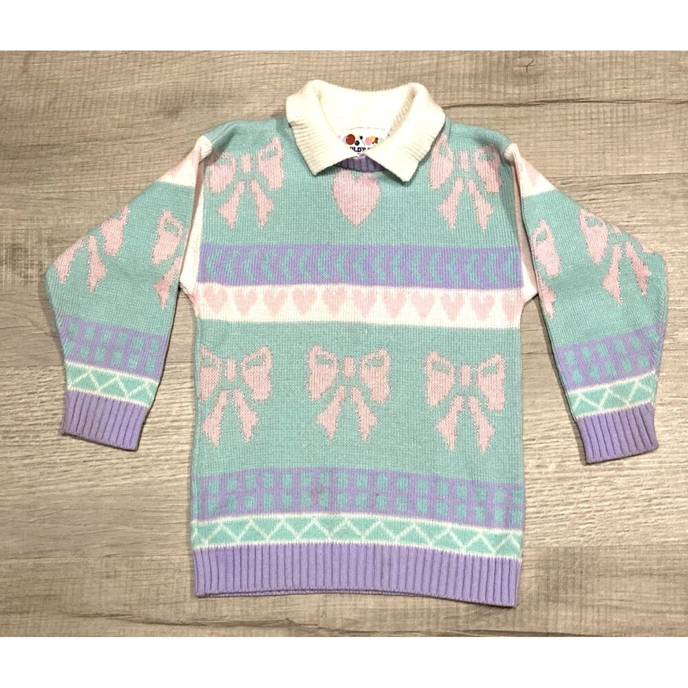 Vintage Fairy Kei Girls Sweater Size 5/6 Pastel Bows Hearts Metallic Thread 80s
